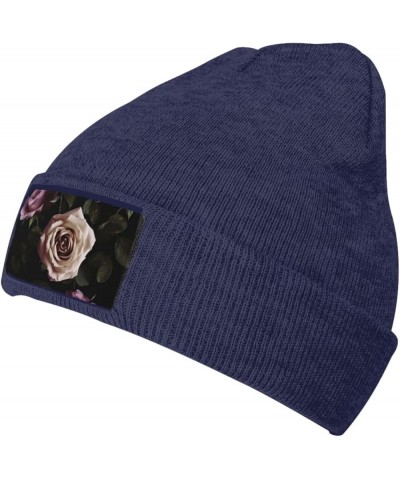 Beanie for Women Black Blackgound Rose Print Knitted Hat Men Winter Beanies Soft Knit Hats Warm Beanie Cap Navy Blue $11.03 S...