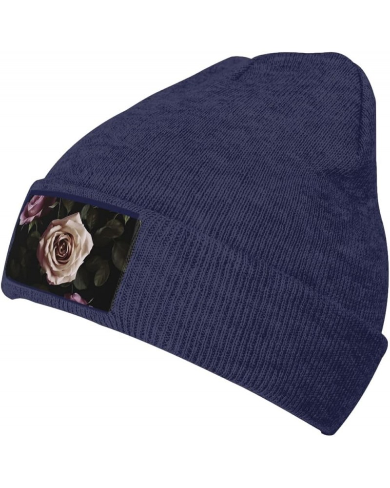 Beanie for Women Black Blackgound Rose Print Knitted Hat Men Winter Beanies Soft Knit Hats Warm Beanie Cap Navy Blue $11.03 S...