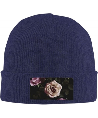 Beanie for Women Black Blackgound Rose Print Knitted Hat Men Winter Beanies Soft Knit Hats Warm Beanie Cap Navy Blue $11.03 S...