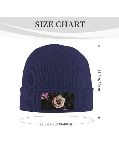 Beanie for Women Black Blackgound Rose Print Knitted Hat Men Winter Beanies Soft Knit Hats Warm Beanie Cap Navy Blue $11.03 S...