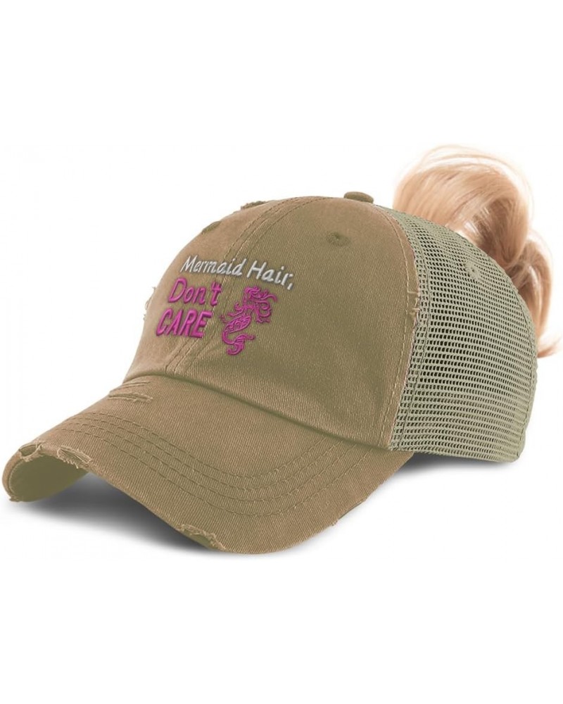 Womens Ponytail Cap Mermaid Hair Don't Care Cotton Distressed Trucker Hats Khaki $11.48 Baseball Caps