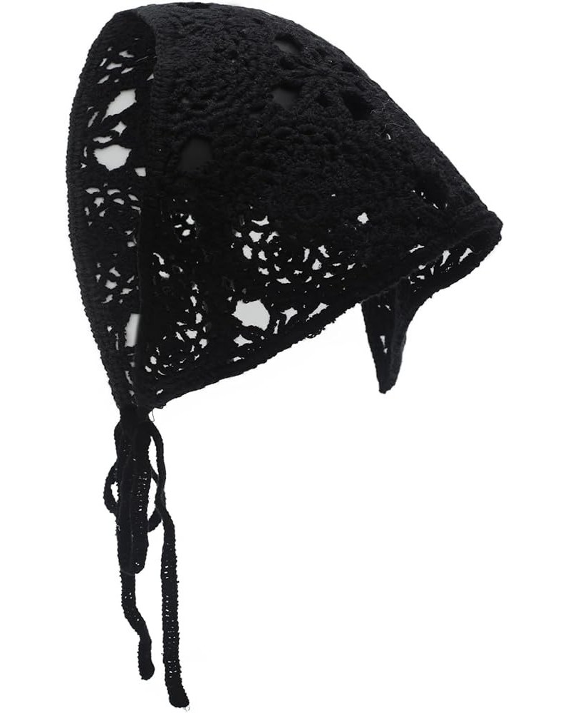 Women Cotton Triangle Head Scarf Crochet Hair Bandanas Handmade Kint Turban Plain Black $12.41 Headbands