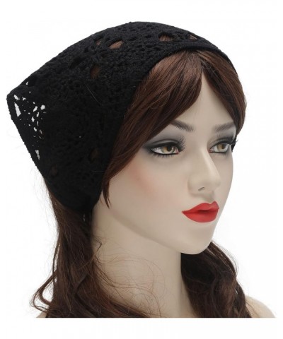 Women Cotton Triangle Head Scarf Crochet Hair Bandanas Handmade Kint Turban Plain Black $12.41 Headbands