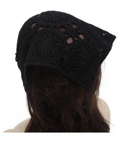 Women Cotton Triangle Head Scarf Crochet Hair Bandanas Handmade Kint Turban Plain Black $12.41 Headbands