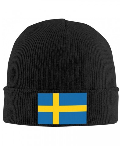 Sweden Flag Cozy Winter Essential: Hand-Knitted Hat Ultimate Warmth Black $15.52 Skullies & Beanies