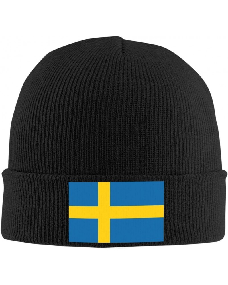 Sweden Flag Cozy Winter Essential: Hand-Knitted Hat Ultimate Warmth Black $15.52 Skullies & Beanies