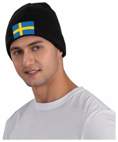 Sweden Flag Cozy Winter Essential: Hand-Knitted Hat Ultimate Warmth Black $15.52 Skullies & Beanies