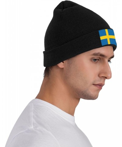 Sweden Flag Cozy Winter Essential: Hand-Knitted Hat Ultimate Warmth Black $15.52 Skullies & Beanies