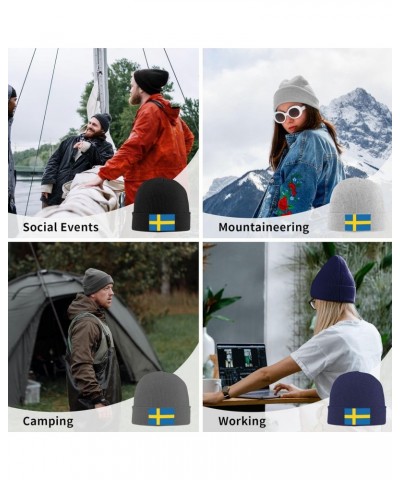 Sweden Flag Cozy Winter Essential: Hand-Knitted Hat Ultimate Warmth Black $15.52 Skullies & Beanies