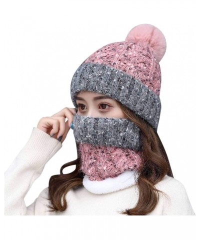 Womens Scarf Hats Flocking Thermal Cycling Warm Winter Scarf Hat Knitting Cap with Pompom Pink $7.43 Skullies & Beanies