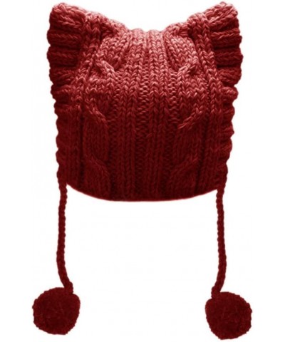 Winter Women's Hat Pussy Cat Ear Beanie Braided Pompom Balls Knit Cap Wine Red $9.53 Skullies & Beanies