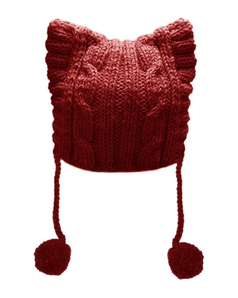 Winter Women's Hat Pussy Cat Ear Beanie Braided Pompom Balls Knit Cap Wine Red $9.53 Skullies & Beanies