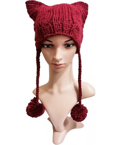 Winter Women's Hat Pussy Cat Ear Beanie Braided Pompom Balls Knit Cap Wine Red $9.53 Skullies & Beanies