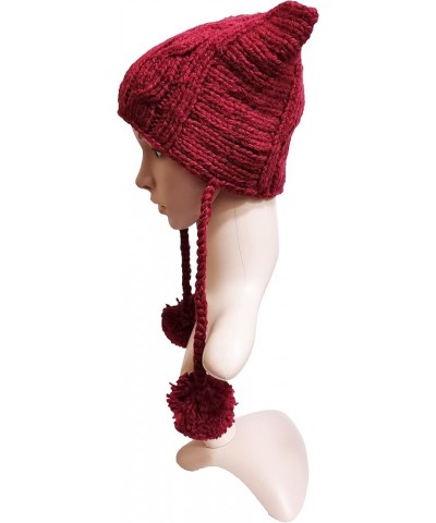 Winter Women's Hat Pussy Cat Ear Beanie Braided Pompom Balls Knit Cap Wine Red $9.53 Skullies & Beanies