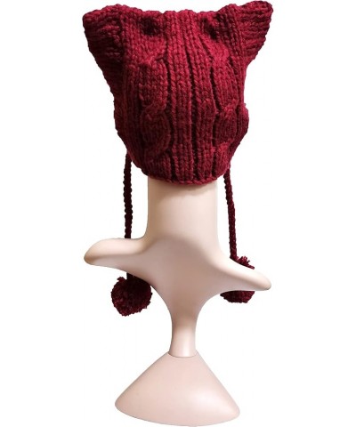 Winter Women's Hat Pussy Cat Ear Beanie Braided Pompom Balls Knit Cap Wine Red $9.53 Skullies & Beanies