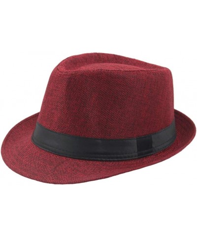 Cowboy Hat for Men, Men's Breathable Linen Top Hat Beach Wide Brim Straw Hat Outdoor Foldable Classic Fedora Hats A01-red $8....