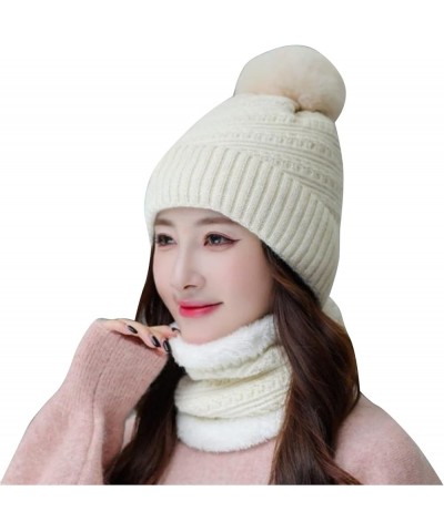 Women Two Piece Winter Beanie Hat Neck Warmer Knit Set Fleece Lined Neck Circle Scarf Ski Snow Hat Skull Cap with Pom Beige $...