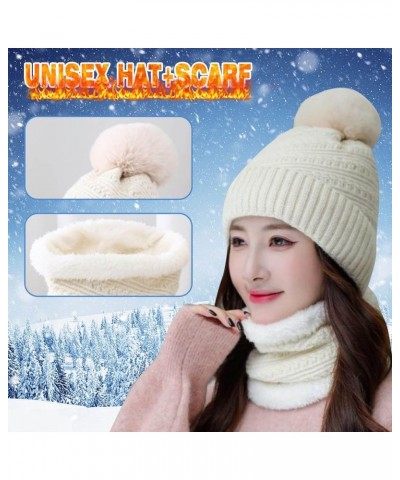 Women Two Piece Winter Beanie Hat Neck Warmer Knit Set Fleece Lined Neck Circle Scarf Ski Snow Hat Skull Cap with Pom Beige $...