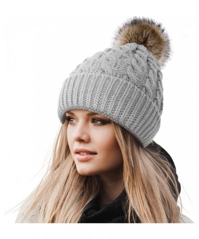 Women's Winter Soft Knit Beanie Hat with Faux Fur Pom Pom Warm Skull Cap Beanies for Women Cozy Lined_light Grey $13.95 Skull...