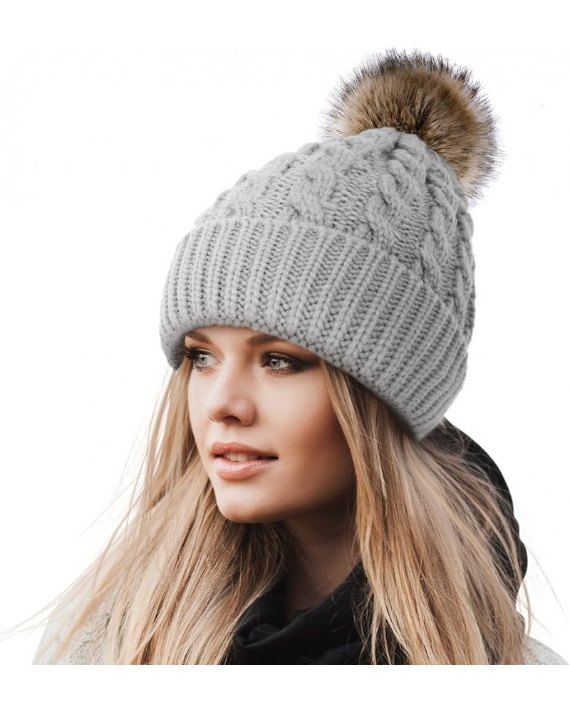 Women's Winter Soft Knit Beanie Hat with Faux Fur Pom Pom Warm Skull Cap Beanies for Women Cozy Lined_light Grey $13.95 Skull...