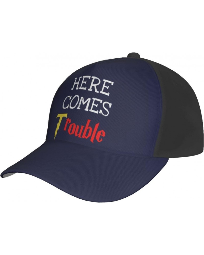 Here Comes Trouble Cap Tucker Hat Adjustable Baseball Caps Black $15.34 Baseball Caps