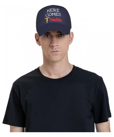 Here Comes Trouble Cap Tucker Hat Adjustable Baseball Caps Black $15.34 Baseball Caps