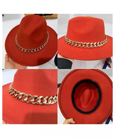 Women Men Fedora Hats Wide Brim Thick Gold Chain Band Felted Hat Jazz Cap Panama Chapeau Black Red $24.91 Fedoras