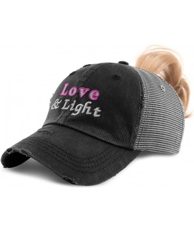 Womens Ponytail Cap Love & Light Cotton Distressed Trucker Hats Black Grey $12.90 Baseball Caps