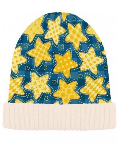 Yellow Five-Pointed Star and Blue Lattice Vintage Stylish Beanie Knit Hat Warm Fleece Lined Hat for Adults Teens $12.75 Skull...