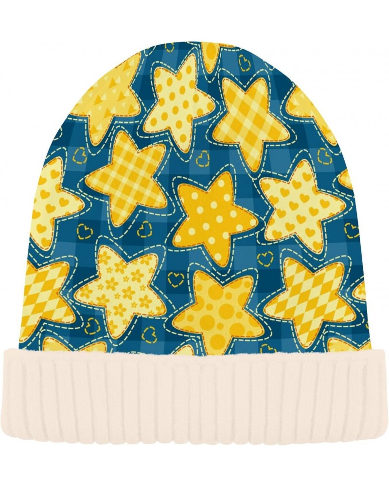 Yellow Five-Pointed Star and Blue Lattice Vintage Stylish Beanie Knit Hat Warm Fleece Lined Hat for Adults Teens $12.75 Skull...