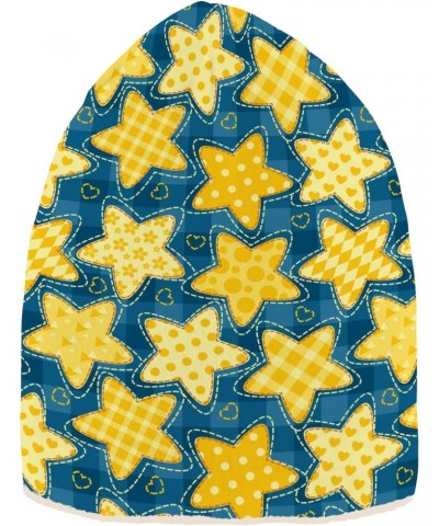 Yellow Five-Pointed Star and Blue Lattice Vintage Stylish Beanie Knit Hat Warm Fleece Lined Hat for Adults Teens $12.75 Skull...