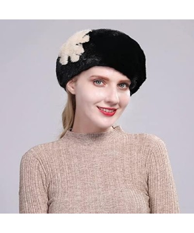 Floral Full Fur Mink Hat Winter Ladies Beret Thick Warm Fur Hat Style 2 $83.53 Berets