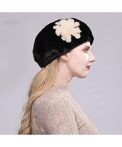 Floral Full Fur Mink Hat Winter Ladies Beret Thick Warm Fur Hat Style 2 $83.53 Berets