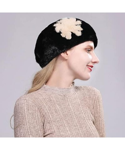 Floral Full Fur Mink Hat Winter Ladies Beret Thick Warm Fur Hat Style 2 $83.53 Berets