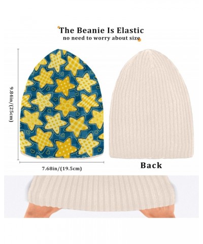 Yellow Five-Pointed Star and Blue Lattice Vintage Stylish Beanie Knit Hat Warm Fleece Lined Hat for Adults Teens $12.75 Skull...