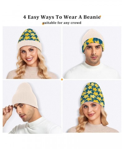 Yellow Five-Pointed Star and Blue Lattice Vintage Stylish Beanie Knit Hat Warm Fleece Lined Hat for Adults Teens $12.75 Skull...