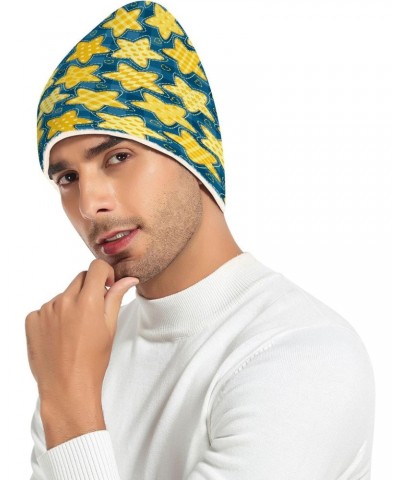 Yellow Five-Pointed Star and Blue Lattice Vintage Stylish Beanie Knit Hat Warm Fleece Lined Hat for Adults Teens $12.75 Skull...