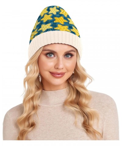 Yellow Five-Pointed Star and Blue Lattice Vintage Stylish Beanie Knit Hat Warm Fleece Lined Hat for Adults Teens $12.75 Skull...