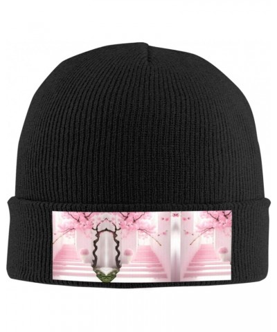 Pink Cherry Blossom Staircase Knitted Beanie,A Must-Have in Winter, Eavesless Acrylic Material,Warm,Soft and Comfortable to P...