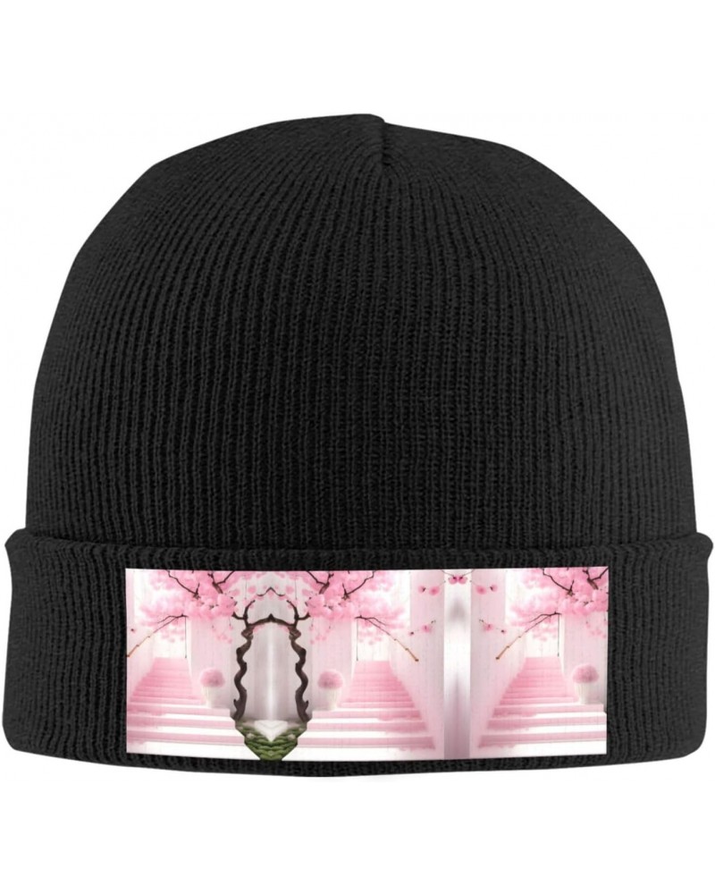 Pink Cherry Blossom Staircase Knitted Beanie,A Must-Have in Winter, Eavesless Acrylic Material,Warm,Soft and Comfortable to P...