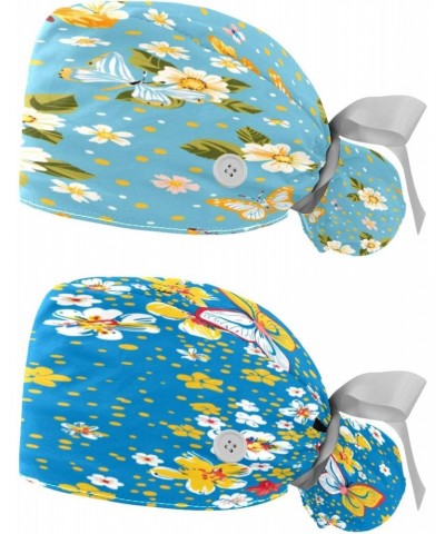 2-Pc Bouffant Turban Hats,Tie Back Hat with Buttons,Fishing Hat,Butterfly Blue Background Flowers $9.70 Skullies & Beanies