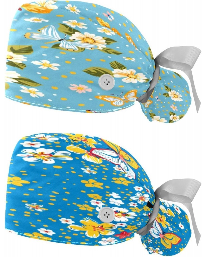 2-Pc Bouffant Turban Hats,Tie Back Hat with Buttons,Fishing Hat,Butterfly Blue Background Flowers $9.70 Skullies & Beanies