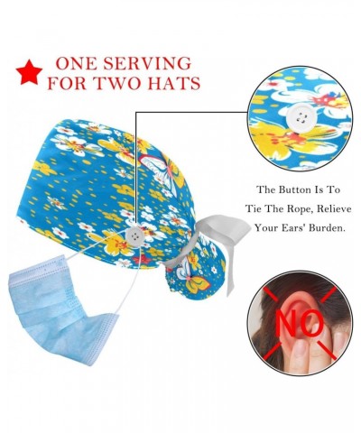 2-Pc Bouffant Turban Hats,Tie Back Hat with Buttons,Fishing Hat,Butterfly Blue Background Flowers $9.70 Skullies & Beanies