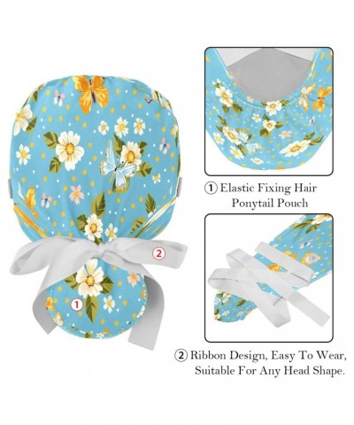 2-Pc Bouffant Turban Hats,Tie Back Hat with Buttons,Fishing Hat,Butterfly Blue Background Flowers $9.70 Skullies & Beanies