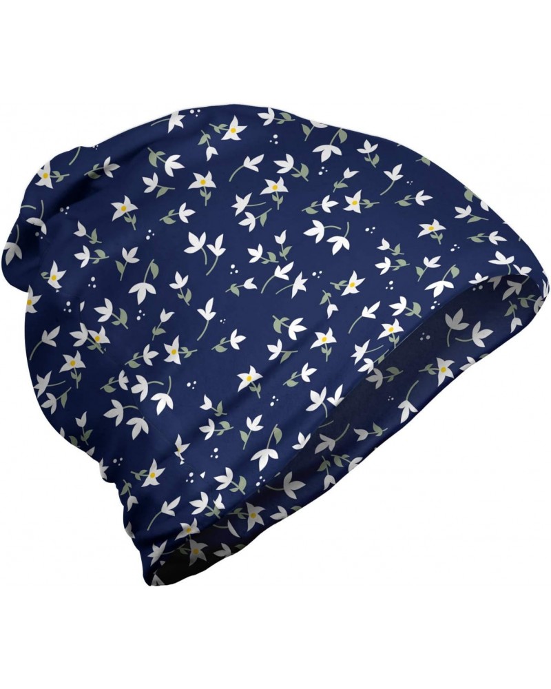 Unisex Beanie, Blossoming Flower Motifs, Hiking Outdoors Night Blue $18.59 Skullies & Beanies