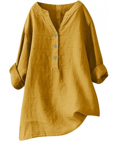 Loose Button Down Blouse Tops Stand Solid Sleeve Long Casual Women Linen Shirt Blouse Shirts for Women Linen Silk 1-yellow $1...