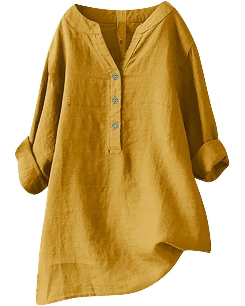 Loose Button Down Blouse Tops Stand Solid Sleeve Long Casual Women Linen Shirt Blouse Shirts for Women Linen Silk 1-yellow $1...