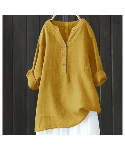 Loose Button Down Blouse Tops Stand Solid Sleeve Long Casual Women Linen Shirt Blouse Shirts for Women Linen Silk 1-yellow $1...