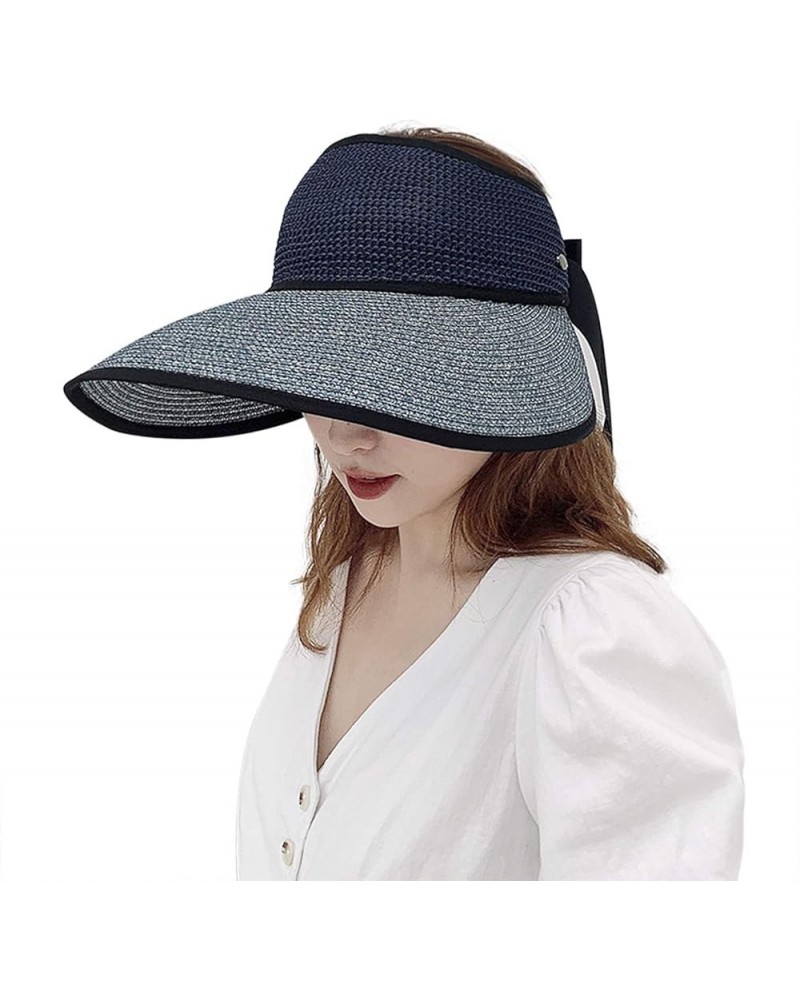 Women Sunshade Straw Hat Wide Brim Beach Sun Visor Bucket Cap Boonie Sunhats Navy Blue $11.47 Sun Hats