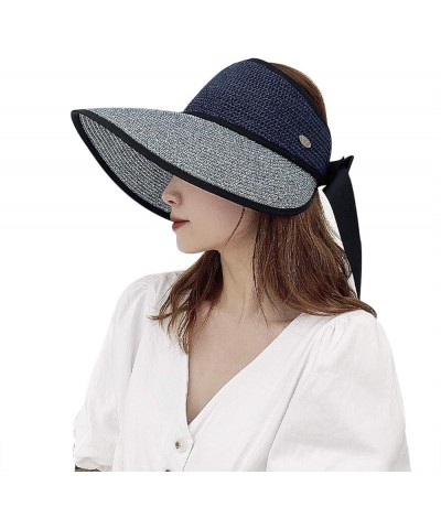 Women Sunshade Straw Hat Wide Brim Beach Sun Visor Bucket Cap Boonie Sunhats Navy Blue $11.47 Sun Hats